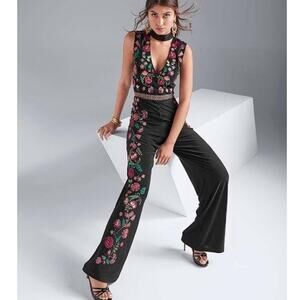 VENUS Embroidered Floral Palazzo Wide Leg Jumpsuit Stretch Size 18